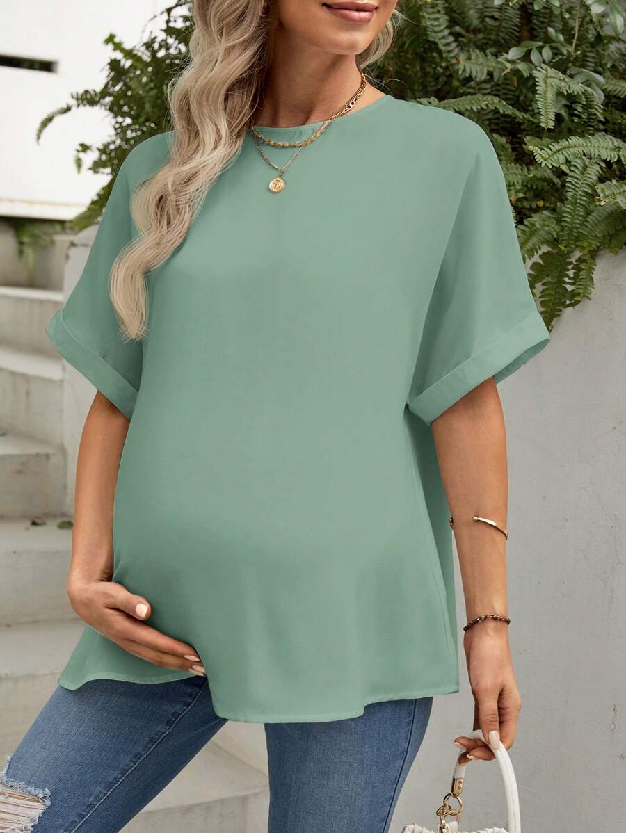 SHEIN 孕妇纯色圆领蝙蝠袖休闲宽松衬衫 - 綠色 - 查看 1
