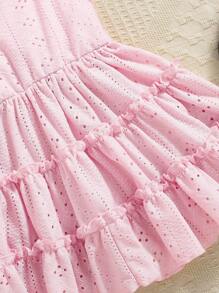 SHEIN 2 件套婴幼儿女孩可爱优雅纯粉色花卉条纹孔眼刺绣公主裙和太阳帽套装，适合度假、生日派对、拍照、春夏新品