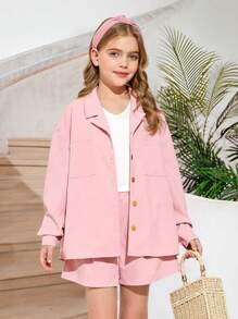 SHEIN 3pcs/Set Tween Girl Street Casual Solid Woven Long Sleeve Shirt, Shorts And Camisole