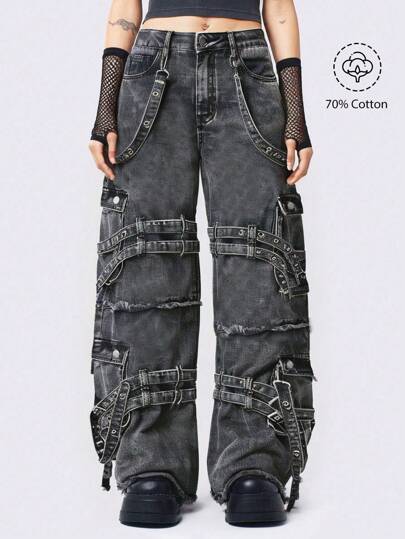 Grunge Punk Casual Punk Street Fashion Metal Strap Decor Loose Fit Wide Leg Jeans For Women