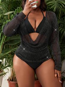SHEIN Slayr CURVE Plus Size Women 3Pcs Set Beach Holiday Solid Color Halter Tie String Bikini With Long Sleeve Chiffon Cover Up For Vacation & Leisure Swimwear
