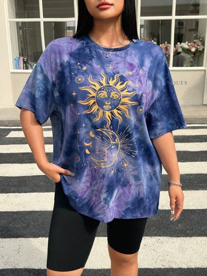 Muchica Plus Size Women's Sun Face Tie-Dye Print Round Neck Short Sleeve T-Shirt