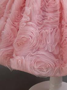 SHEIN Glamorique Kids 花童礼服适合生日派对、婚礼、节庆、女婴粉色 3D 花卉网眼芭蕾舞裙，配蝴蝶结领结，适合正式场合、舞台、钢琴表演、派对、拍照、日常穿着 - 粉色 - 查看 6