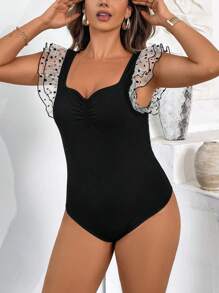 SHEIN Clasi Plus Size Women Solid Color Ruffled Collar Mesh Overlay Cap Sleeve Elegant Bodysuit, Beach Outfits - Black - View 3