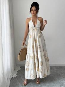 Chiquease Vestido largo de tirantes finos con escote espalda descubierta, elegante, con estampado dorado y cuello halter para vacaciones