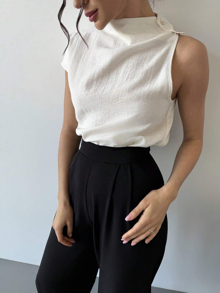 Firerie 女士春夏简约优雅时尚通勤不对称肩部竹麻米色通勤衬衫，适合毕业、教师节、返校等场合。 - 杏色 - 查看 1