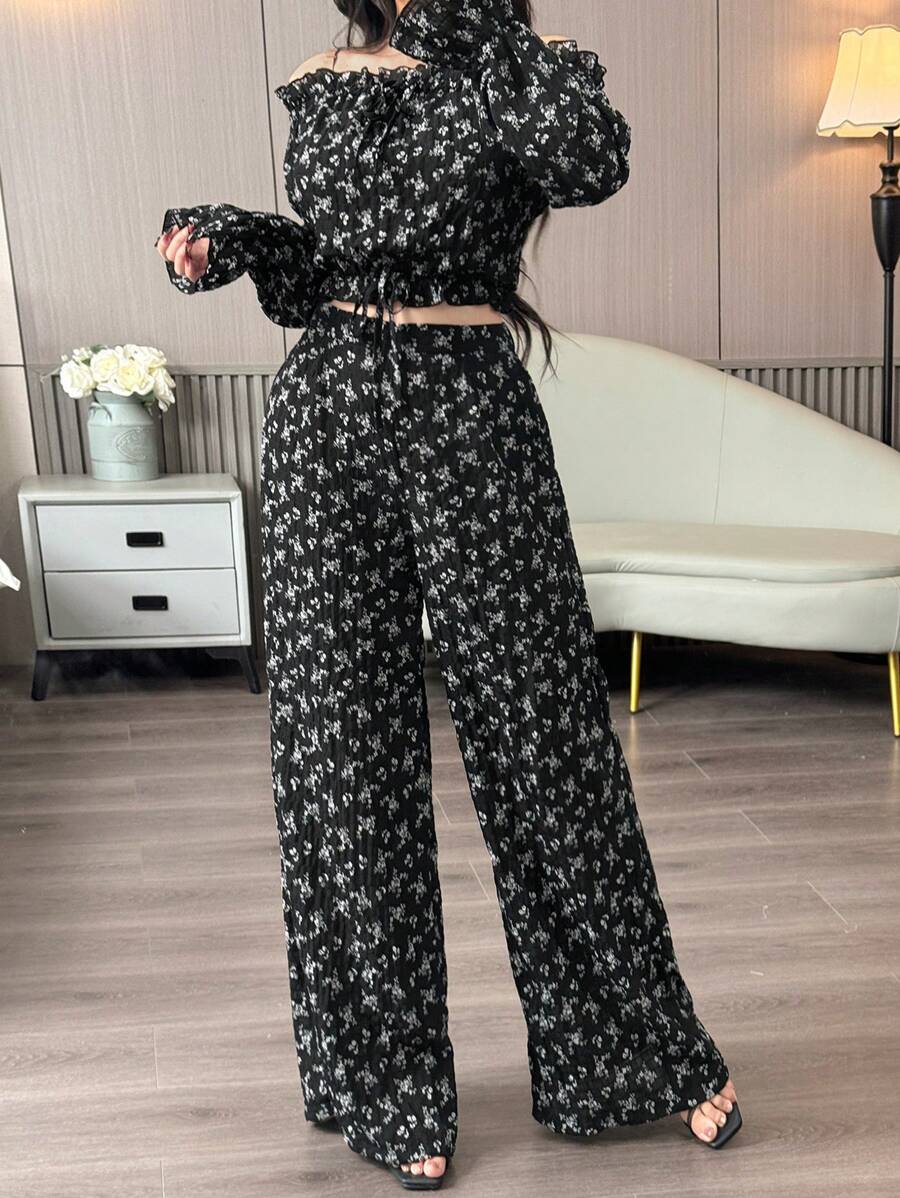 Modelyn 2 件套女士碎花露肩上衣和裤子套装 - 黑色 - 查看 1
