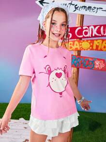 SHEIN X Care Bears Tween Girl 卡通爱心和熊图案休闲可爱短袖 T 恤，百搭，有紫色、粉色和蓝色可供选择 - 彩色 - 查看 5