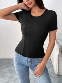 Chiquease 女士纯色短袖罗纹插肩亨利衫