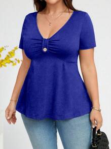 SHEIN Clasi Plus Size Simple Plain Short Sleeve T-Shirt, Casual And Versatile - Royal Blue - View 3