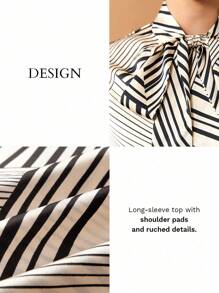 BizChic 女式黑白条纹系带蝴蝶结衬衫，长袖图案衬衫，优雅的办公室/休闲装