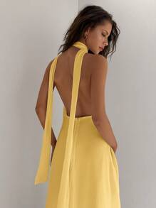 Aloruh 女式深 V 领露背飘逸雪纺连衣裙，A 字型收腰度假连衣裙，适合婚礼、派对、夏季 - 芥末黃 - 查看 5