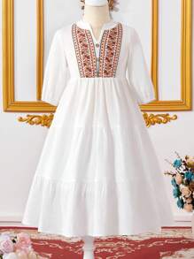 Young Girl V-Neck Embroidery Design Button Elegant Dress - White - View 1