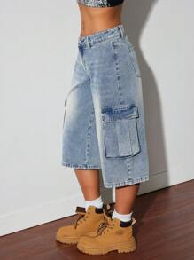 SHEIN ICON Pantalones capri de mezclilla de talle bajo hasta la rodilla para mujeres
