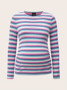 SHEIN 2 chiếc/Bộ Áo thun bà bầu cổ đứng tay dài có gân sọc cầu vồng, Áo thu cho nữ - Nhiều màu - Xem 8