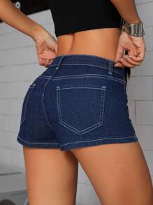 SHEIN ICON Quần short denim cạp thấp gợi cảm phong cách đường phố Mỹ dành cho nữ - Màu xanh lam - Xem 2