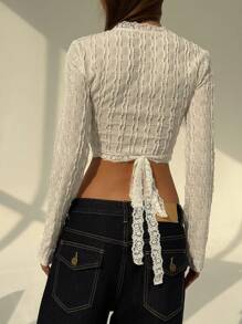 Aloruh Élégant t-shirt jacquard à manches longues, col en V plongeant, avec cravate enveloppante à nœud papillon ajustée