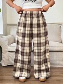 Solflare Plus Size Women's Plaid Pants,Black & White Plaid Elastic Waist Pockets Wide Leg Casual Loose Pants,Women Winter Clothes