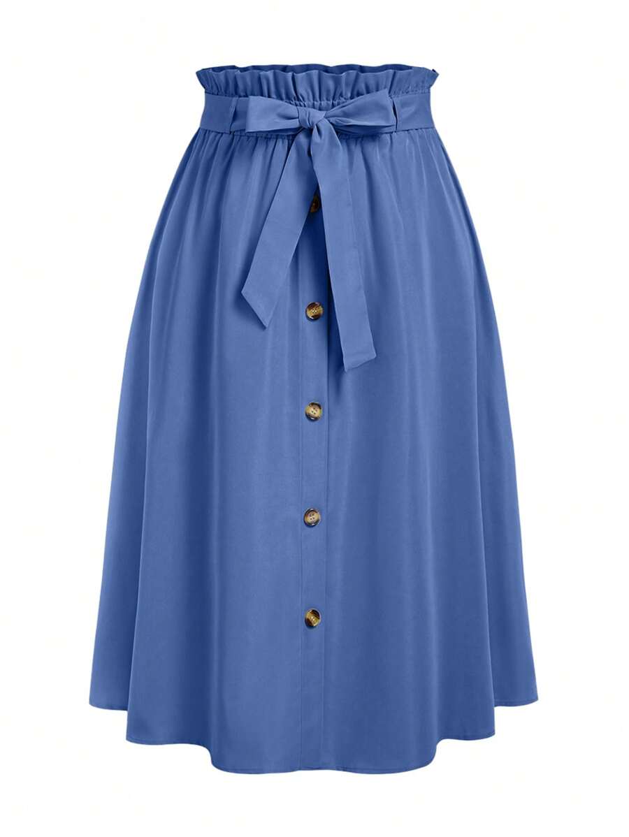 SHEIN Unity Plus Size Women Solid Color Frill Trim Tie-Up Waist Design Casual Skirt - Blue - View 1