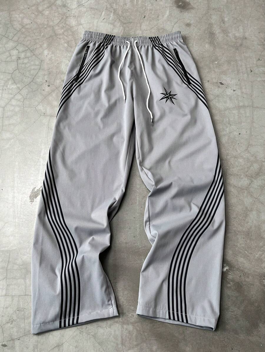 STYNVO Men's Colorblock Striped Print Drawstring Waist Long Pants, Street Wear Pants, Fall