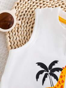 新生男婴可爱动物印花无袖上衣和短裤套装 幼儿夏季服装套装 - 白色 - 查看 6