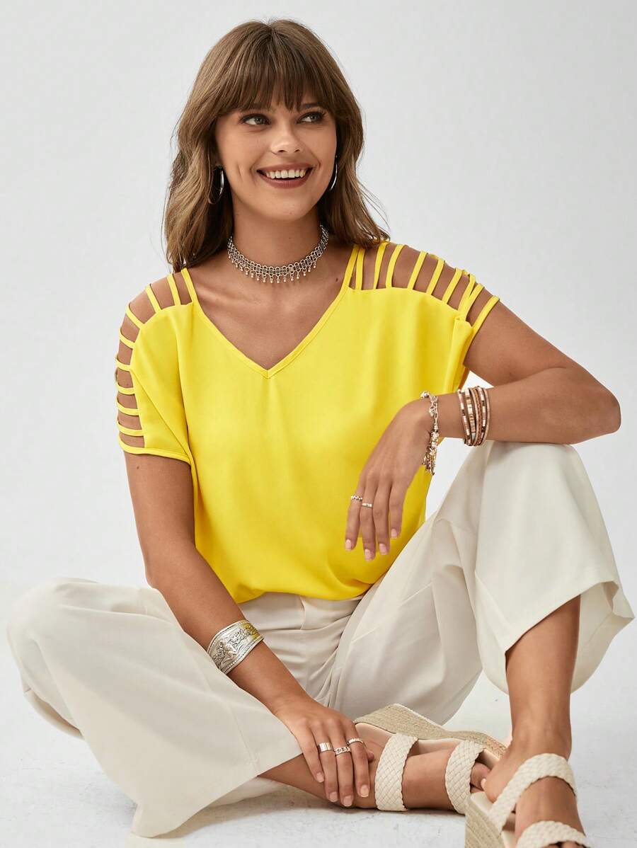 SHEIN LUNE Top de manga murciélago con abertura - Amarillo - Ver 1
