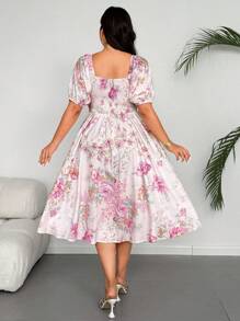 Flirla Plus Size Elegant Floral Print Lantern Sleeve Dress - Multicolor - View 3