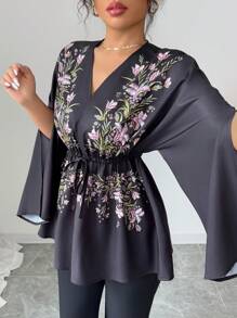 Elenzga 女士优雅花卉印花 V 领收腰开衩袖衬衫 - 彩色 - 查看 4