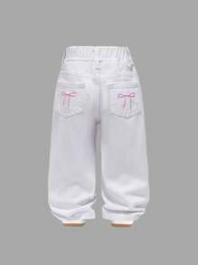 Denimly Baby Girls' Fashionable Cute Bow Embroidery White Washed Denim Elastic Waist Pants