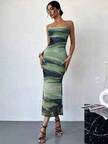 Firerie 女式夏季优雅度假性感渐变扎染 V 领露背蕾丝覆盖紧身中长吊带连衣裙