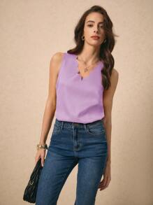 Poéselle Scallop Trim Solid Sleeveless Blouse,Sleeveless Tops - Lilac Purple - View 3