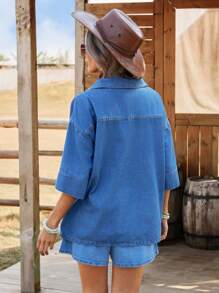 Breezaya 女士休闲落肩宽松牛仔衬衫 - 藍色 - 查看 2