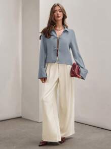 COSMINA Camisa de trabajo casual de uso diario de manga larga con nudo delantero de color caqui liso, estilo minimalista para mujer