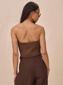 MUSERA Contrast Trim Pointed Hem Fitted Strapless Bandeau Top For Springs Summer Cute - Coffee Brown - View 4