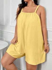 SHEIN Clasi Plus Size Women's Summer Solid Color Simple Daily Wear Romper With Straps Short Summer Dresswomen Romperblack Dress Shortromper Dressshort Jumpsuit - Yellow - View 5