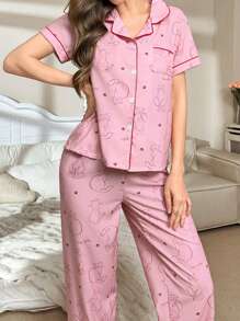 波尔卡圆点可爱猫咪印花翻领短袖睡衣套装 - 粉色 - 查看 5