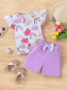 SHEIN 2pcs/Set Young Girls Cute Cat & Rainbow Cartoon Print Short Sleeve T-Shirt Top & Bow Shorts, Casual/Cute/Outdoor, Suitable For School Suitable For Summer