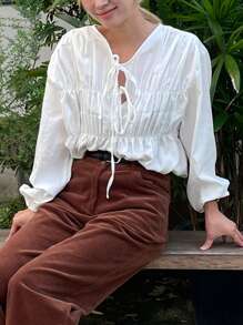 DAZY Áo sơ mi nữ tay dài xếp ly màu trơn thiết kế dây rút - trắng - Xem 3