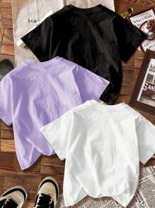 SHEIN Leap Crew تيشيرتات كاجوال محدودة التصميم للفتيات المراهقات، رسومات كرتونية، متعددة الأنماط للصيف - متعدد الألوان - مشاهدة 2