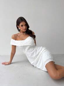 Firerie Women's Elegant Simplistic Romantic Charm Sexy Off Shoulder Textured Tight-Fitting White Mini Dress, Suitable For Wedding Guest, Party, Music Festival, Dates, Vacation And Everyday Wear, Spring/Summer - White - View 1