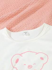 SHEIN 2pcs/Set Tween Girls Cute Bear Print White Short Sleeve Top & Pink Long Pants Pajama Set, Matching Sister Outfit - Pink - View 5