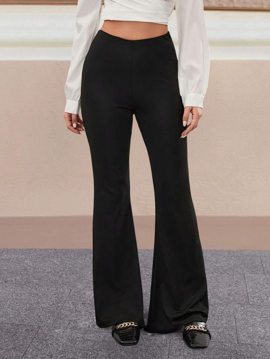 EURMUSE Women's Solid Color Elastic Waist Casual Flared Pants - Black - View 1