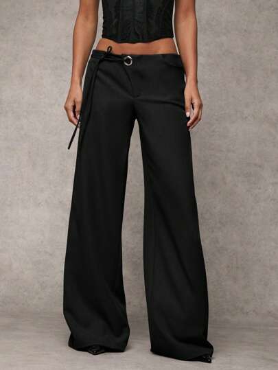 SHEIN BAE Pantalones anchos y relajados de color gris llano para mujer con cordón y decoración de panel de malla, versátiles para uso diario y trayectos