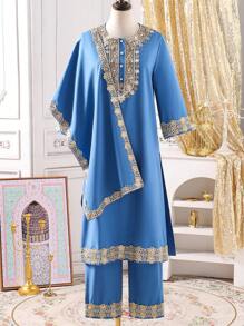 Teen Girls 2 Pieces Set - Embroidered Applique Top & Pants, Braid Trim Poncho - Blue - View 1