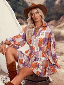 LanaWest Women's Country Music Festival Puff Sleeve Boho Waist Gathered V-Neck Batwing Loose Hem Shirt Mini Dress