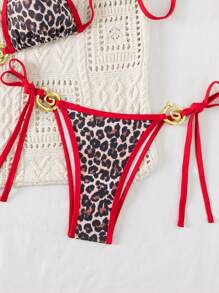 SHEIN 2 Pieces Set Women's Summer Holiday Beach Random Animal Print Leopard Metallic Drawstring Halter Backless Top And Side Tie-Up Shorts Bikini Set