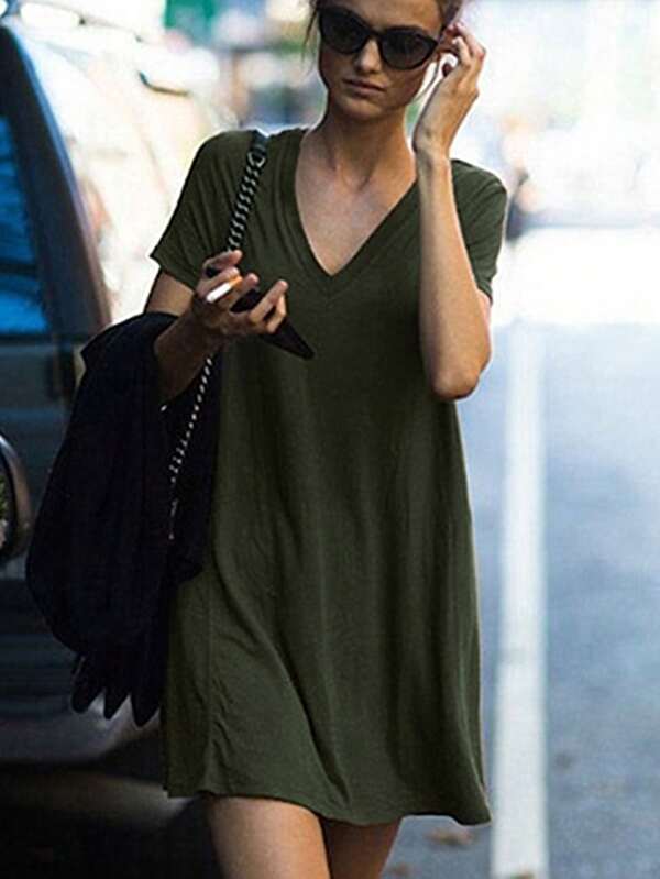 INAWLY レディースカジュアルVネック ルーズ ロングショート丈 チュニックトップ