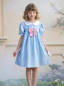 Souflis Souflis Rochie Vintage Tesuta In carouri Fete Cu Guler, Decorat Fundita Pulover Maneca Scurta Tinuta Eleganta De Vara