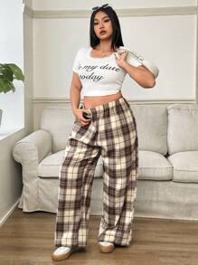 Solflare Plus Size Women's Plaid Pants,Black & White Plaid Elastic Waist Pockets Wide Leg Casual Loose Pants,Women Winter Clothes