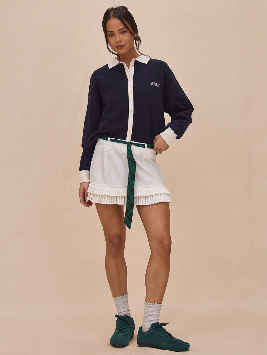 MUSERA Low Rise Double Frill Pleated Hem Tie Belt Mini Skirt Summer Vacation Cute Elegant Party - White - View 1